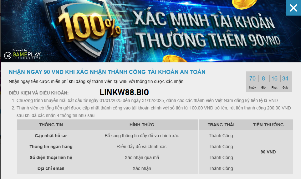 Thưởng khuyến mãi 90K