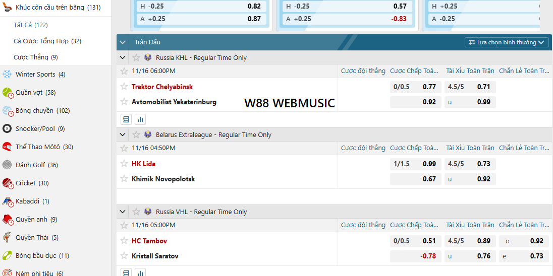 Kèo cá cược khúc côn cầu W88